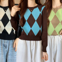 Belah Ketupat Wanita Lengan Panjang Rajutan Sweater Pendek Gaya Korea Warna Kontras Atasan Tipis Lon