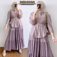 Qamira Set Long Tunik - One Set Wanita Kekinian Crinkle Airflow Setelan Wanita Rok Panjang LD 110 cm