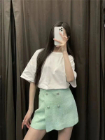IRENE MINT TWEED KOREAN BUTTONS SOLID GREEN SLIM SHORT PANTS WOMEN MID WAIST CHIC ELEGANT SKORT Mini