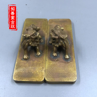 純黃銅對獅子鎮尺銅雕件黃銅小擺件文房四寶古玩銅器銅壓尺銅雕件
