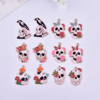 Mix 12/10pcs/pack Halloween Crow Bloody Skull Rose Flower Skull Metal Oil Drop Charms for Earring Necklace Jewelry DIY Making