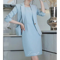 Tesco Women's Elegant Dress Sets Sleeveless Dress+Full Sleeve Jacket Slim Fit Formal Dress For Evening Party Female Blazer Suit