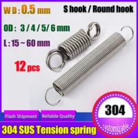 304 Stainless Steel Tension spring Wire 0.5*3-6mm diameter S Hook Round hook Coil Pullback Extension Tension metal Spring wire