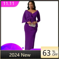 Big Bow Long Party Dress Bodycon Elegant Sexy V Neck Short Sleeve High Slit Club Evening African Female Gowns Big Size New