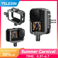 TELESIN Aluminium Alloy Frame Case For GoPro 9 10 11 12 Double Clod Shoe Protective shell For GoPro Hero 9 10 11 Accessories