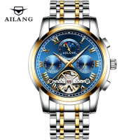 AILANG Top Brand Fashion Tourbillon Mechanical Watch Stainless Steel Waterproof Luminous Moon Phase Automatic Watches for Men