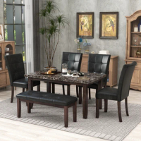 6-piece Faux Marble Dining Table Set with one Faux Marble Dining Table ,4 Chairs and 1 Bench, Table: 66”x38”x 30”