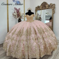 Sparkly Gold Appliques Light Pink Off The Shoulder Luxury Quinceanera Dress 2024 Ball Gown Charro Mexican Dress vestido de 15