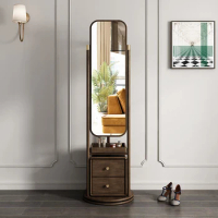 Multifunctional dressing mirror cabinet integrated base rotating coat rack floor mirror solid wood retro full-length mirror