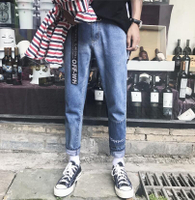 FINDSENSE MD 韓國 男 時尚潮流 簡約 褲腳英文刺繡 休閒褲 九分褲 牛仔褲 小腳褲