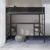 Metal Twin size Loft Bed with Table&amp;Shelves, Sturdy Metal Bed Frame, adult and adolescent single beds, children's beds