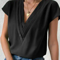 ZANZEA Sexy Pleated Short Sleeve Blouse 2024 Summer Deep V-neck Shirt Women Elegant Office Tunic Fashion Simple Basic Tops Femme