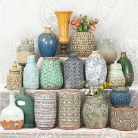 孤品集合-創意陶瓷花瓶擺件仿古民宿桌面家居裝飾品做舊花盆擺設
