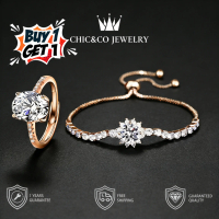 [BUY 1 GET 1] Cincin dan Gelang Zirkon Simpel WarnaEmas Mawar Penuh Berlian Geometris Cocok untuk Se