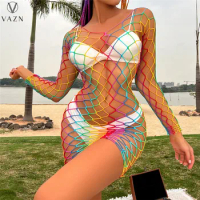 VAZN 2022 New Luxury Designer Young Sexy Beach Network See Through Open Full Sleeve Women Short Skinny Dress