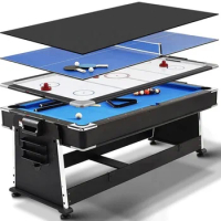 4 In 1 Modern Rotating Multi Game Billiard Pool Table 7ft With Air Hockey, Table Tennis And Dinning Top