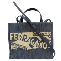 【二手名牌BRAND OFF】SALVATORE FERRAGAMO 菲拉格慕【再降價】藍色 帆布 LOGO 肩背包 219407