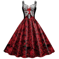 3D Digital Print Skeleton Halloween Dress Bloody Rose Strap Dress for Women