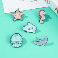 Creative Halobios Enamel Pin Marine Animals Shark Jellyfish Starfish Sea Horse Brooch Lapel Metal Badge Jewelry Gift For Friend
