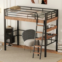 Metal Twin Size Loft Bed with Built-in Desk, Storage Shelf and Ladder, Sturdy Metal Frame, Safety, Space Saver, Black