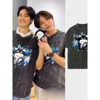 Kemeja-T Drama Thai Style Dark Blue Kiss Design Short Sleeve For Men and Women Pure Cotton Top Lette