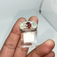 Cincin Batu Permata Natural Rubellite Tourmaline & Paraiba Green Tourmaline 8x6x4 Ring Alpaka Model 