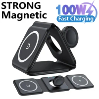 100W 3 in 1 Magnetic Wireless Charger Pad Stand for iPhone 15 14 13 Pro Max Fast Charging Dock Station for Apple Watch AirPods