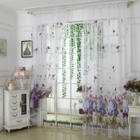 1Pc Sheer Window Curtains Curtain Rod Through Design Peony Flower Printed Polyester Tulle Voile Drape Window Home Decor
