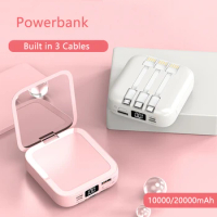 Mini Power Bank 20000mAh With Makeup Mirror Fast Charging Portable Charger Powerbank with Cable Poverbank Mobile Phone Battery