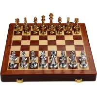 Metal Chess Set for Adults Kids Deluxe Chess Board with Chess Pieces Travel Wooden Set with Metal Pieces Folding Chess board