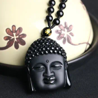 New Vintage Buddha Statue Shakyamuni Buddha Head Pendant Men Women Obsidian Beaded Necklace Jewelry