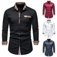 Kemeja lengan panjang dengan lapel untuk lelaki, baju kasual dengan jahitan kotak-kotak, kuning huja