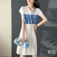 【初色】POLO領拼接短袖T恤連身裙洋裝-白色-61470(M-2XL可選)
