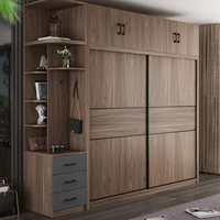 胡桃色北歐衣櫥現代簡約家用臥室木質整體移門柜子三門推拉門衣柜