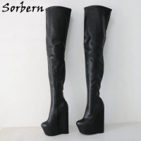 Sorbern 21cm Crotch Thigh High Boots Unisex Wedges High Heels Fetish Drag Queen Shoes DIY Wide Slim Fit Calf Slim Fit Size 33-48