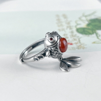 925純銀錦鯉魚戒指女復古簡約南紅瑪瑙指環小眾設計鏤空食指飾品
