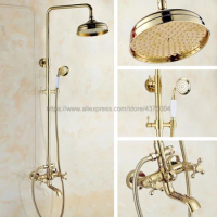 Polished Gold Shower Faucet Set 8 Inch Shower Head Hand Shower Sprayer W/ Hand Shower Wall Mounted Mixer Tap Ngf391