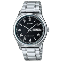 CASIO 簡約風星期日期顯示羅馬指針不鏽鋼腕錶-黑(MTP-V006D-1B)/38mm / 考試錶