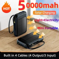 50000mah Solar Power Bank Built Cables Solar Charger 2 Usb Ports External Charger Powerbank With Led Light