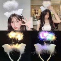 Feather Angel Halo Rabbit Ear Headband With Light Ring Wreath New Year Gift Birthday Party Cosplay Costume Christmas Halloween