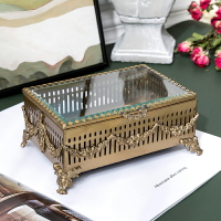 歐式進口玻璃黃銅復古雕花珠寶盒梳妝臺桌面網紅ins首飾品收納盒