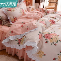 床上四件套純棉100全棉女生單人床裙韓版被單荷葉邊粉色花卉床品