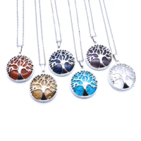 Tree of Life Necklaces Round Lapis Lazuli Stone Pink Quartz White Crystal Lapis Lazuli Tiger Eye Opal Pendants Jewelry