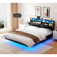Floating Bed Frame Queen with Headboard Storage, Bed Frame Queen Size with Charging Station &amp; LED Lights, PU Leather