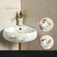 Chinese Color Ceramic Hanging Bathroom Sink Home Corner Bathroom Washbasins Minimalist Triangle Wall Hanging Small Washing Sinks