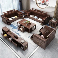 High-end Chinese Style Walnut Solid wooden Frame Fabric Upholstery Living room furniture Sofa set
