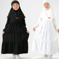 Gamis set nazela hitam Putih Polos Hitam Muslim Anak Crinkle Airflow Panjang Dress Baju Setelan Leba