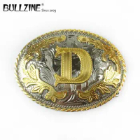 The Bullzine western flower with letter "D" belt buckle with silver and gold finish FP-03702-D for 4cm width snap on belt