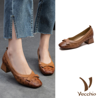 【Vecchio】真皮跟鞋 粗跟跟鞋/真皮羊皮蝴蝶結滾邊造型淺口粗跟鞋(棕)
