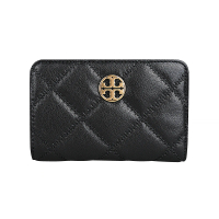 【TORY BURCH】Willa金色圓牌LOGO菱格紋皮革對折中夾(黑)